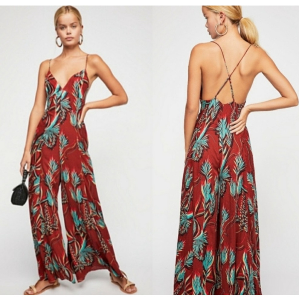 Free People 2 Alissa Wide Leg Jumpsuit Palm Print Boho Tropical Vacation Pants